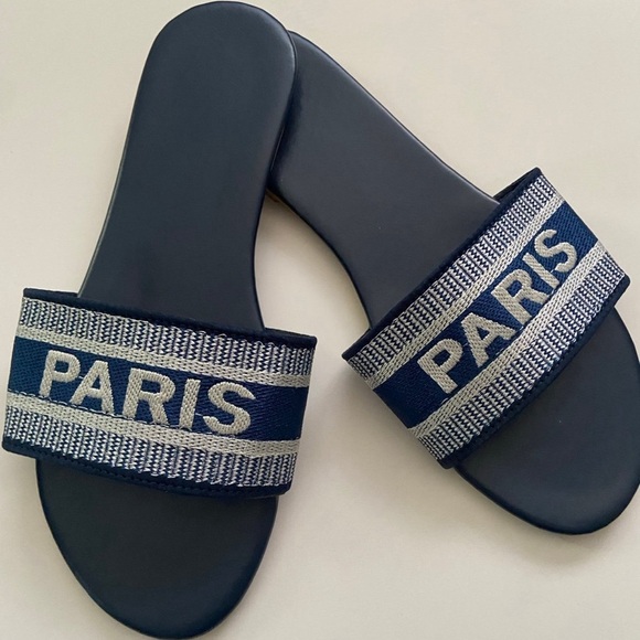 Paris Slide Sandals in Black and Silver - Picture 1 of 4